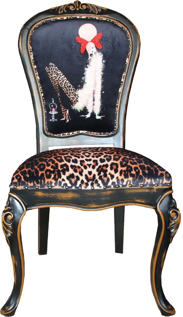 Luxury baroque dining room set lady with high heels leopard / black / brown 50 x 50 x H. 110 cm - 6 handmade dining chairs - baroque furniture