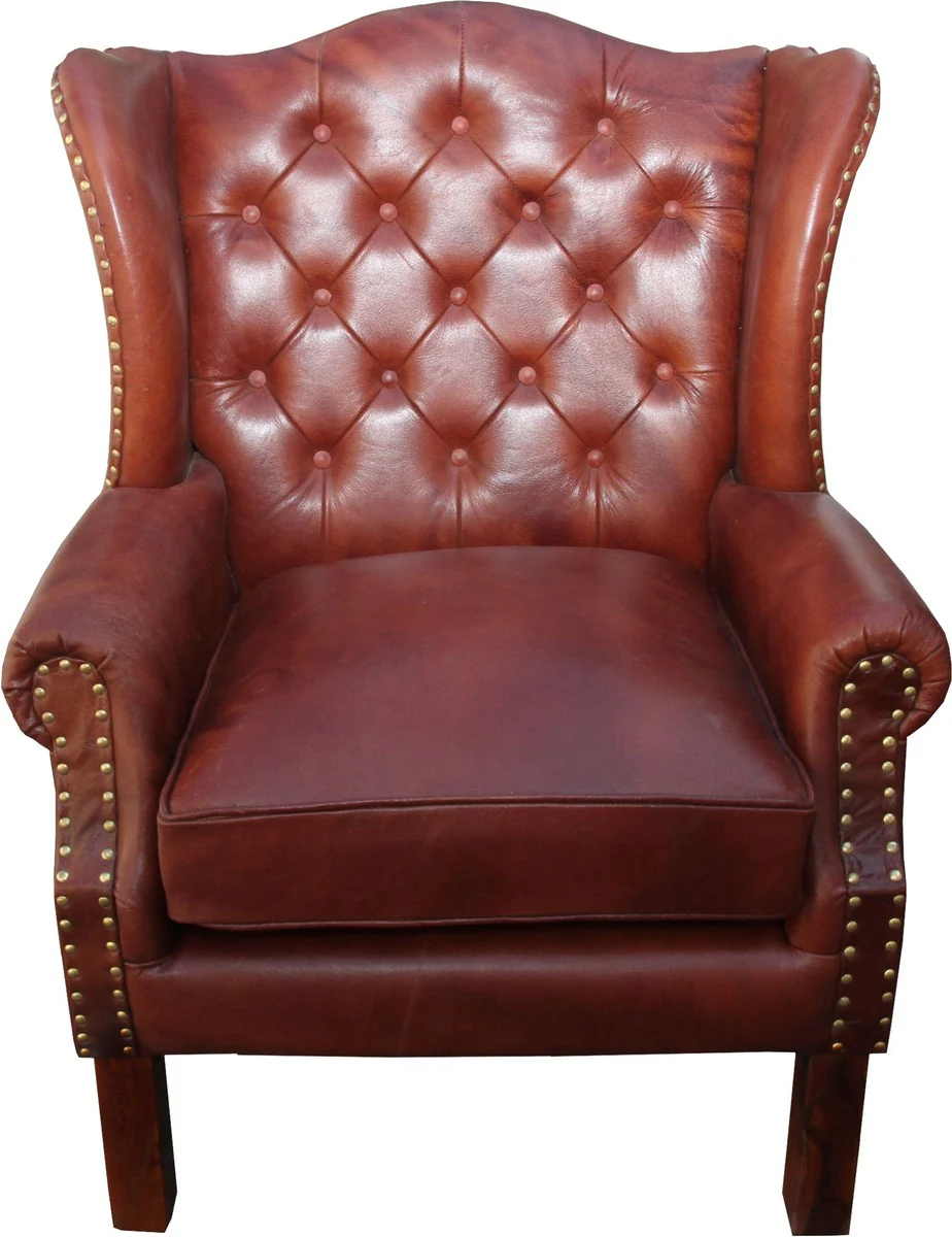 Luxury genuine leather Chesterfield wing chair brown 72 x 65 x H. 103 cm - Hotel furniture ears chair leather