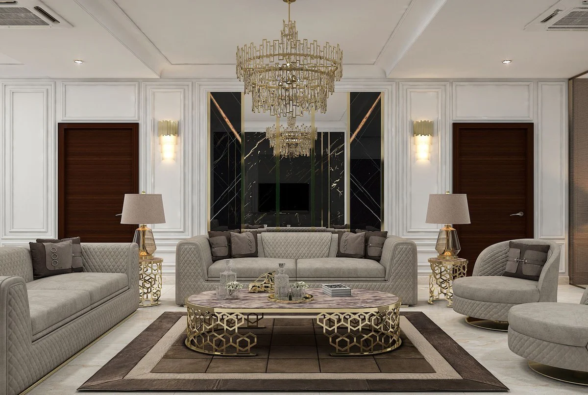 Luxury side table with artificial marble table top grey-black / gold H. 55 cm