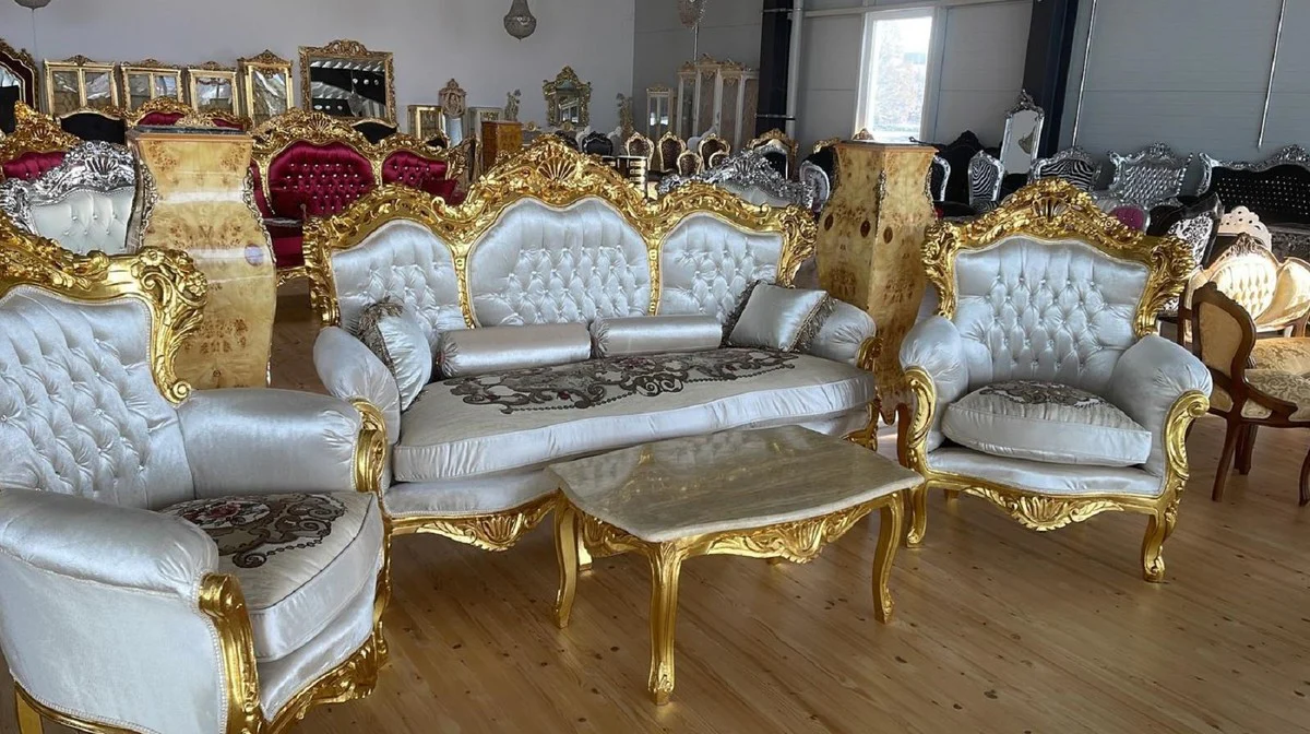Baroque living room set silver pattern / gold - 1 baroque sofa & 2 baroque armchairs - living room furniture in baroque style - baroque furniture - baroque living room furnishings