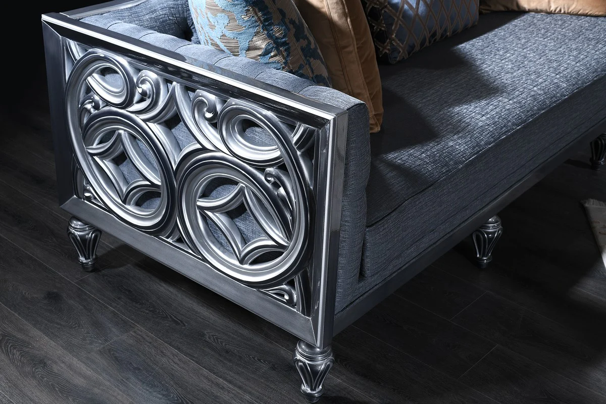 Luxury Baroque Chesterfield Sofa Blue / Silver 250 x 92 x H. 85 cm - Living room furniture in the baroque style