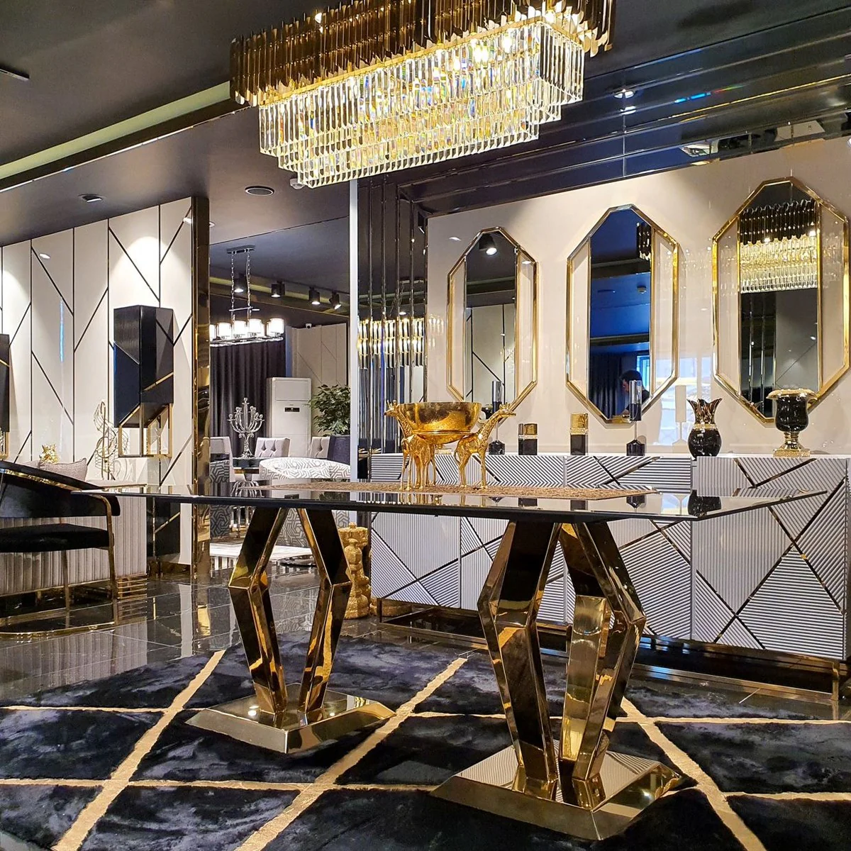 Luxury dining table gold 200 x 100 x H. 77 cm - Modern dining room table with glass top - Dining room furniture - Luxury collection