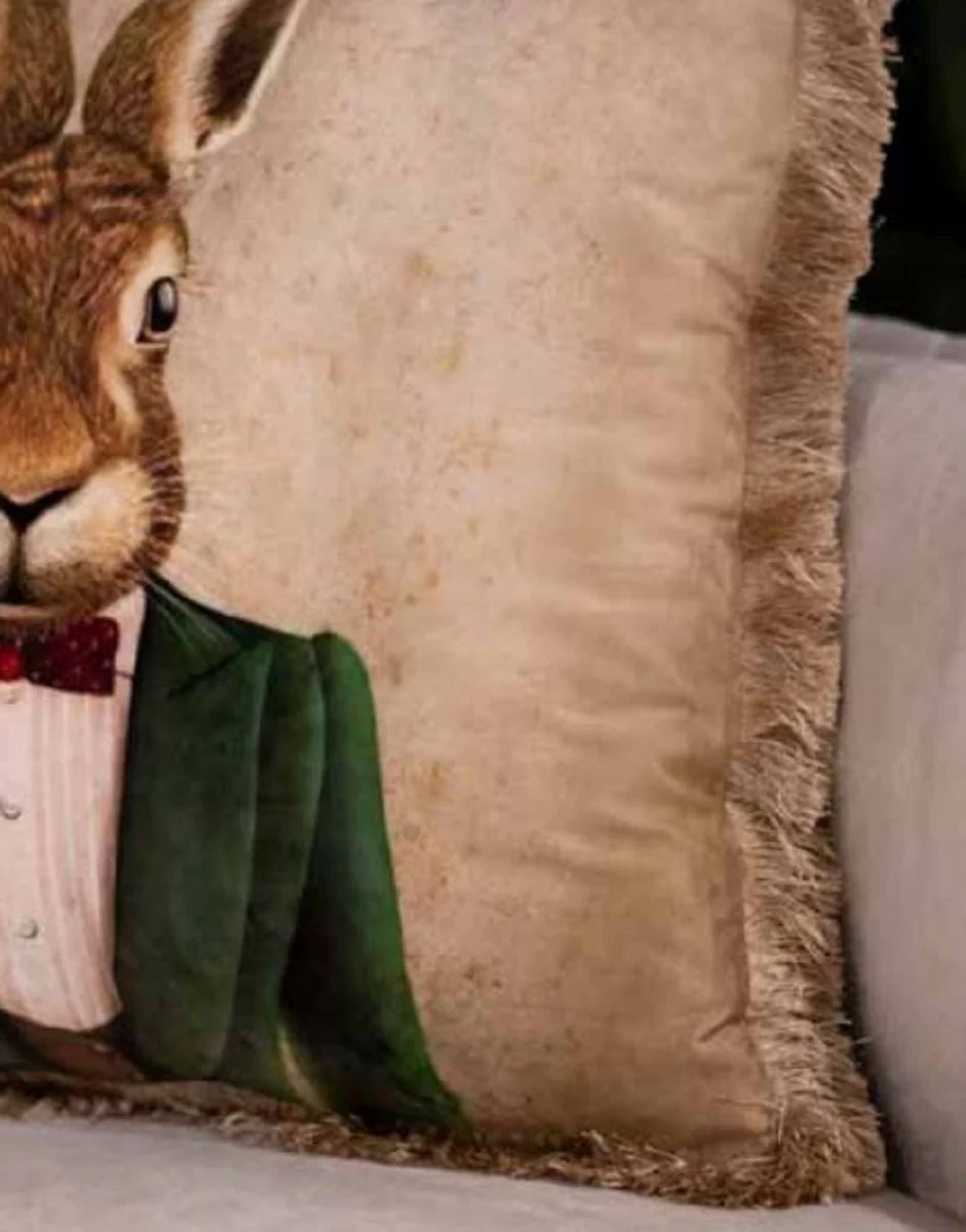 Luxury decorative cushion gentleman rabbit cream / multicolored / brown 45 x 45 cm - printed velvet cushion with fringes - luxury quality