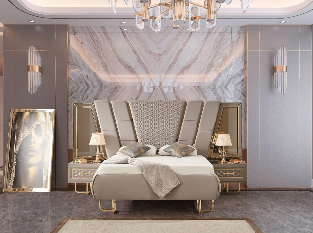 Luxury Art Deco Bedroom Set Gray / Gold - 1 Double Bed with Headboard & 2 Nightstands - Art Deco Bedroom Furniture - Luxury Bedroom Furniture - Luxury Furnishings