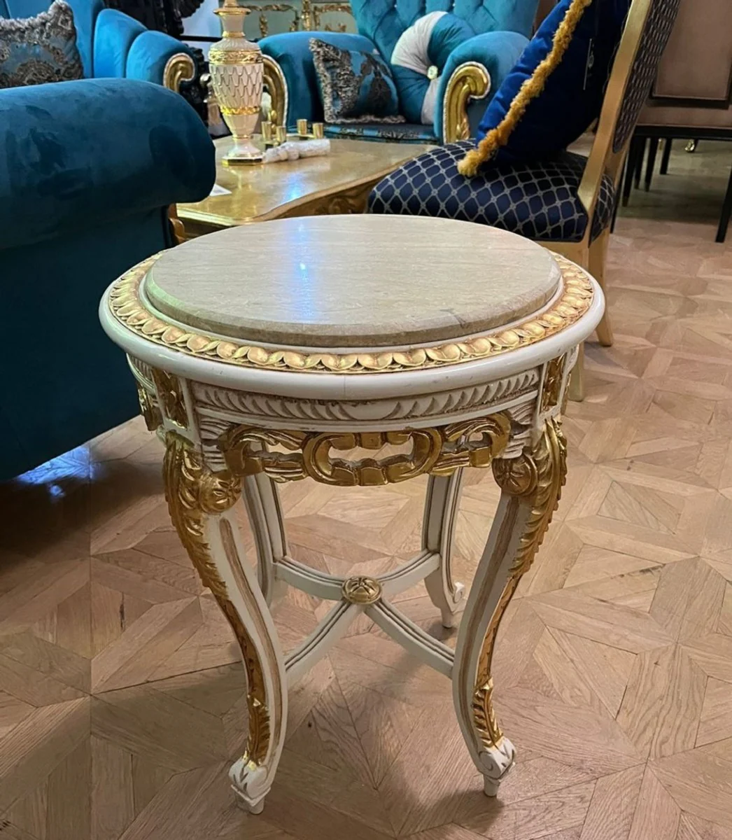 Baroque side table white / gold / cream - handmade antique style solid wood table with marble top - living room furniture in baroque style - antique style furniture - baroque furniture