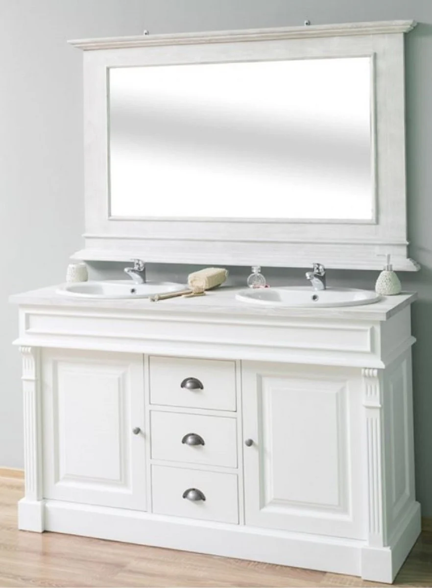 Country house style bathroom set white / light gray - 1 double washbasin & 1 wall mirror - solid wood bathroom furniture in country house style