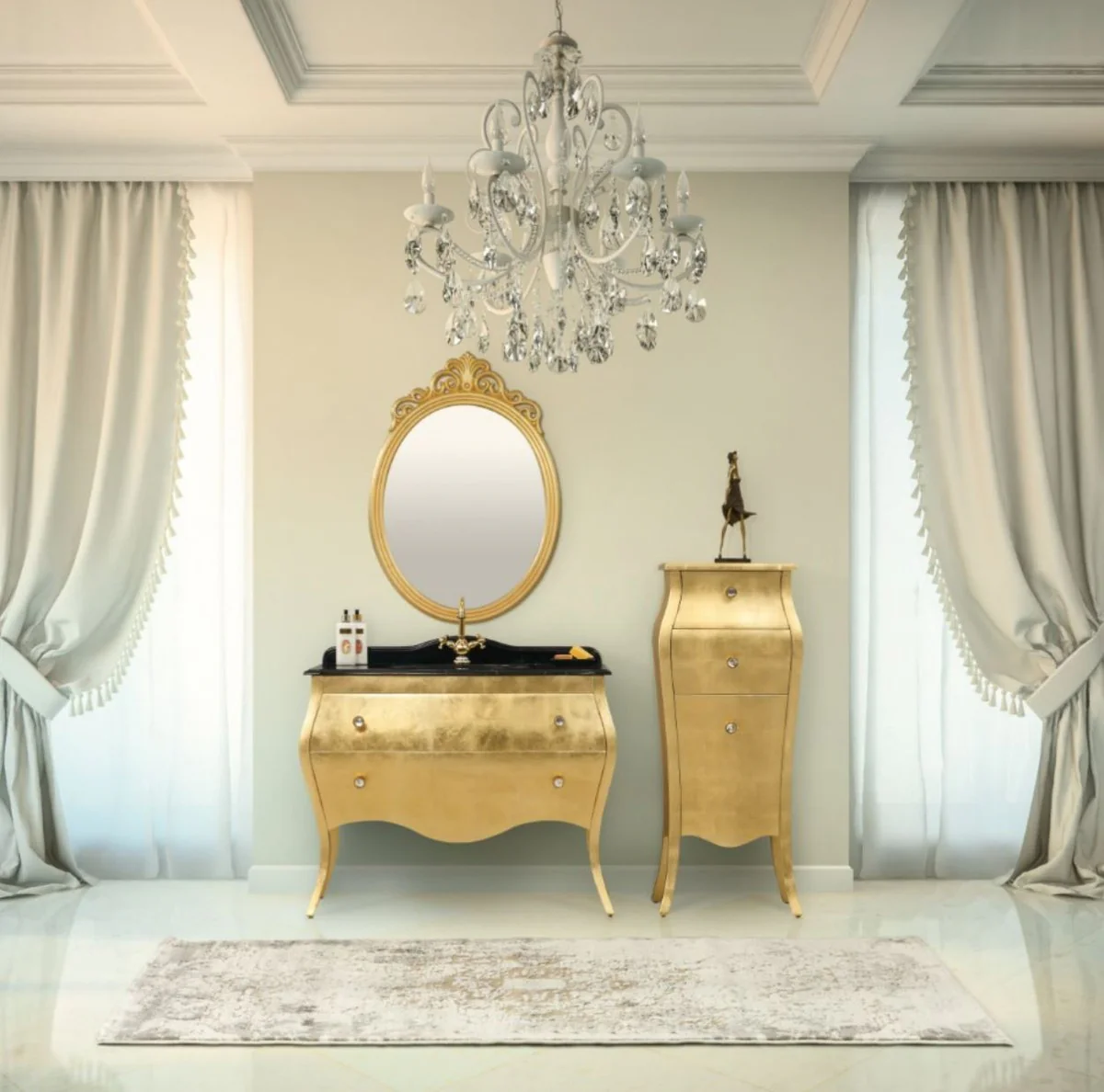 Luxury baroque bathroom set black / gold - 1 washbasin & 1 washbasin & 1 wall mirror & 1 chest of drawers - noble & magnificent - luxury quality
