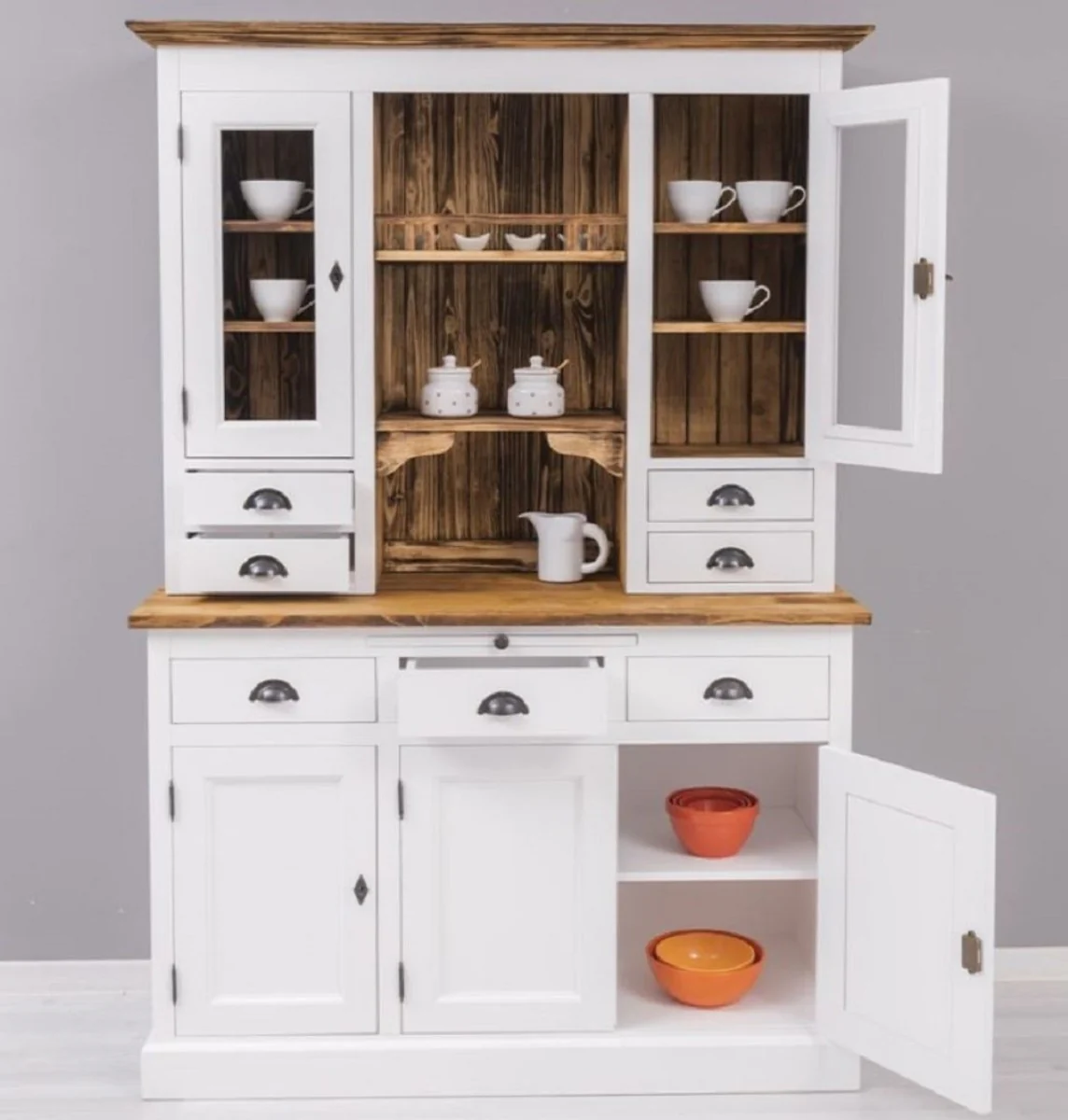 Country house style dining room cabinet white / brown 137 x 50 x H. 197 cm - solid wood kitchen cabinet - dining room furniture in country house style - country house style dining room furnishings