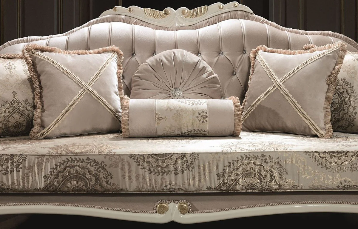 Luxury baroque living room sofa with rhinestones and decorative cushions gray / cream / gold 220 x 80 x H. 100 cm - noble baroque style furniture