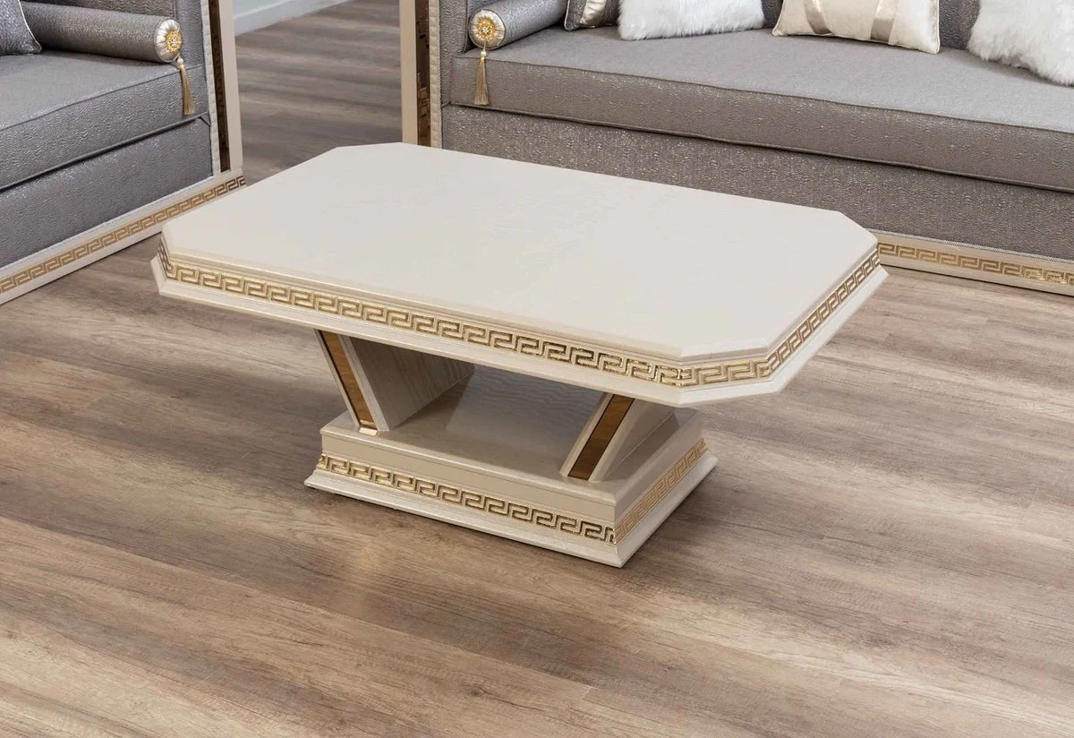 Luxury Art Deco Coffee Table Cream / Gold - Handcrafted Solid Wood Living Room Table - Art Deco Living Room Furniture