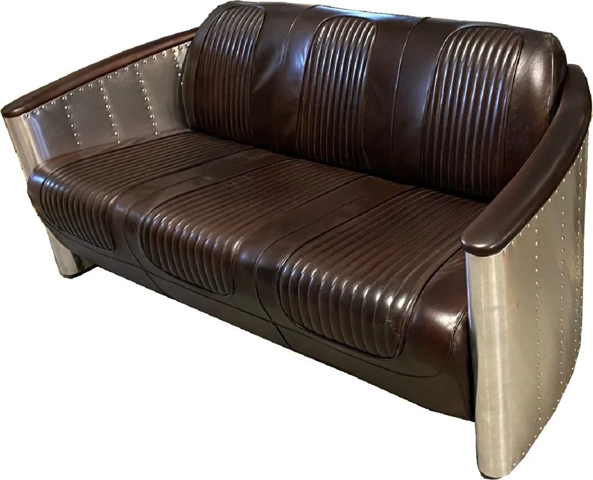 Luxury Art Deco leather sofa 172 x 70 x H. 82 cm - Various colors - Aluminum living room sofa with real leather - Aluminum airplane aviator sofa furniture