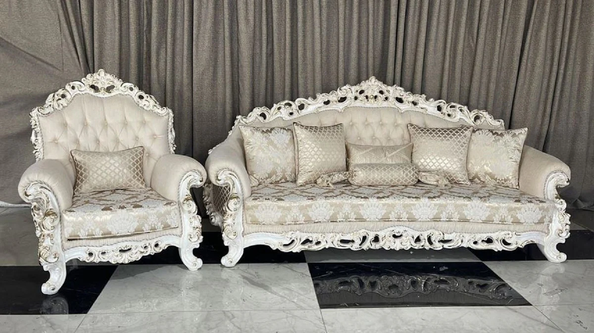 Luxury Baroque Living Room Set Cream / White / Gold - 2 Baroque Sofas & 2 Baroque Armchairs & 1 Baroque Coffee Table - Luxury Living Room Furniture in Baroque Style - Baroque Furniture - Noble & Magnificent
