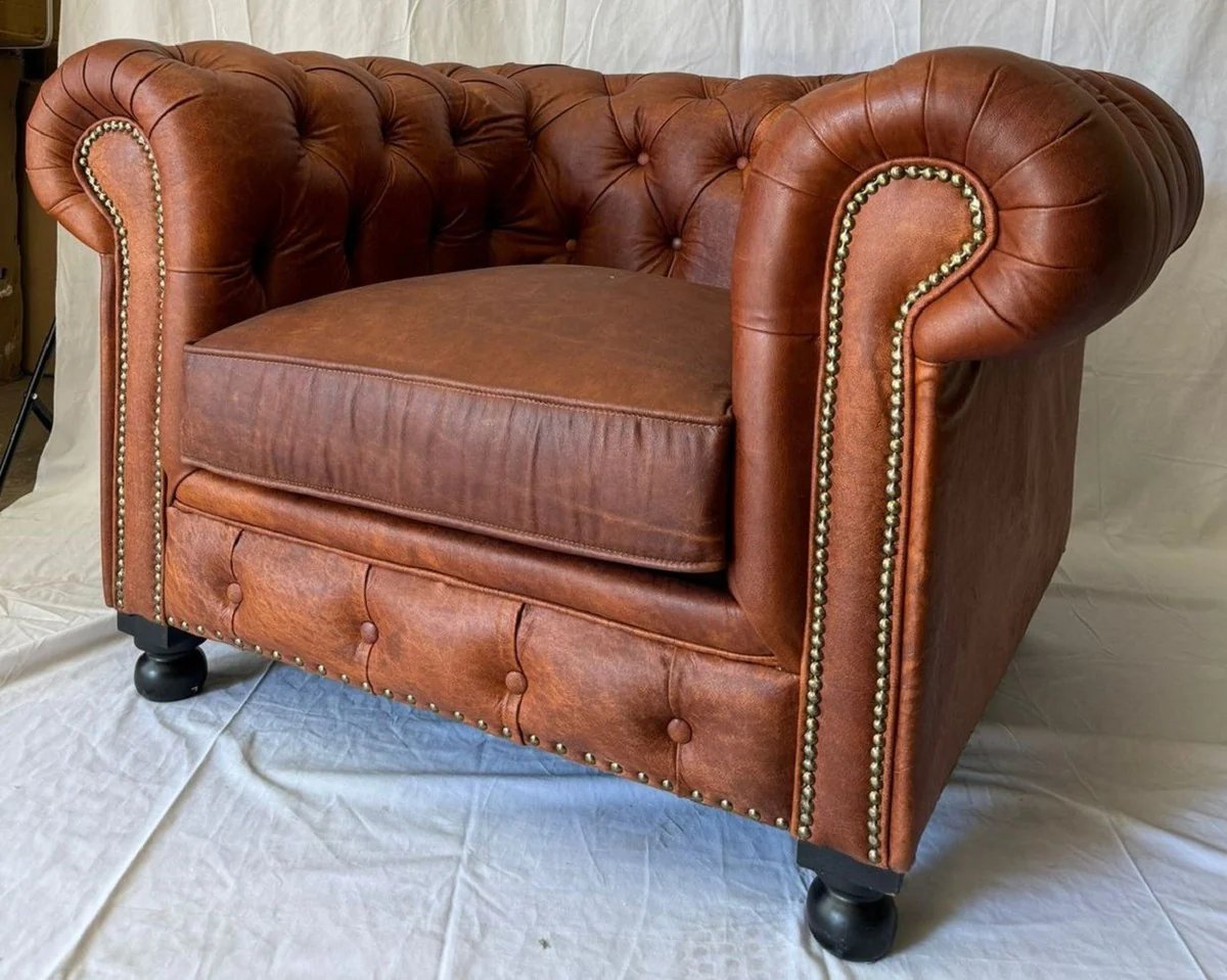 Luxury Chesterfield genuine leather armchair vintage brown / black H. 72 cm