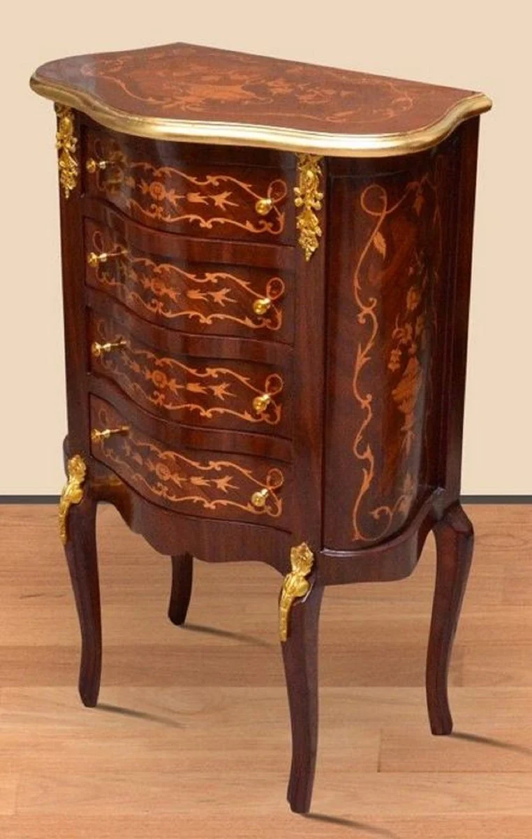 Baroque night dresser dark brown inlaid / gold - handmade solid wood chest of drawers in baroque style - antique style bedside table - side table with 4 drawers - baroque furniture