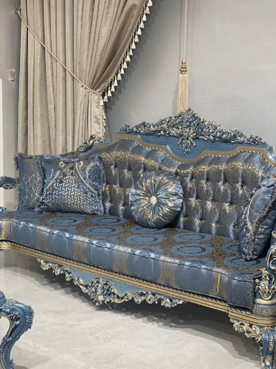 Luxury Baroque Sofa Blue / Gold - Magnificent Living Room Sofa with Elegant Pattern - Baroque Style Living Room Furniture - Luxury Furniture in Baroque Style - Noble & Magnificent