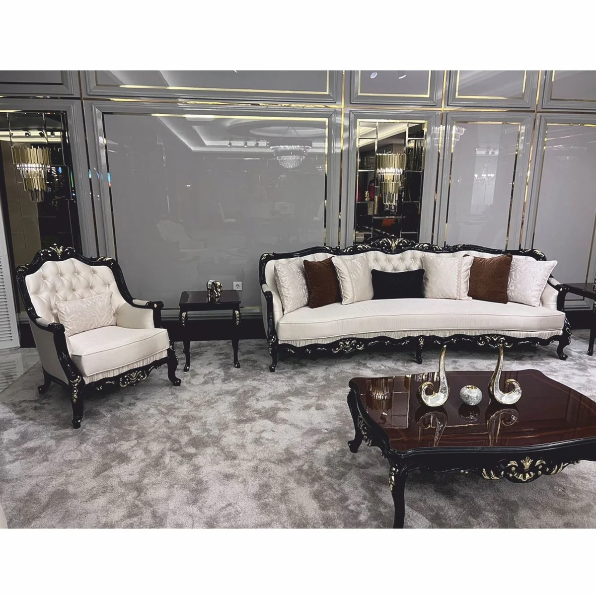 Luxury Baroque Sofa Cream / Black / Gold 265 cm - Baroque Furniture