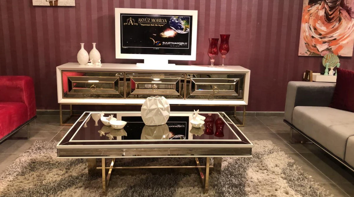 Luxury coffee table white / gold 120 x 80 x H. 43 cm - Living room table with glass top and mirror glass - Luxury living room furniture