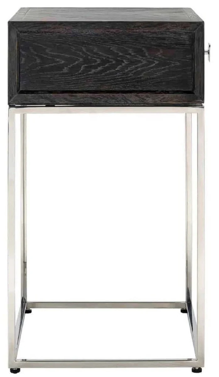 Luxury side table black / silver 50 x 40 x H. 71 cm - solid wood bedside table with drawer and stainless steel frame - luxury bedroom furniture