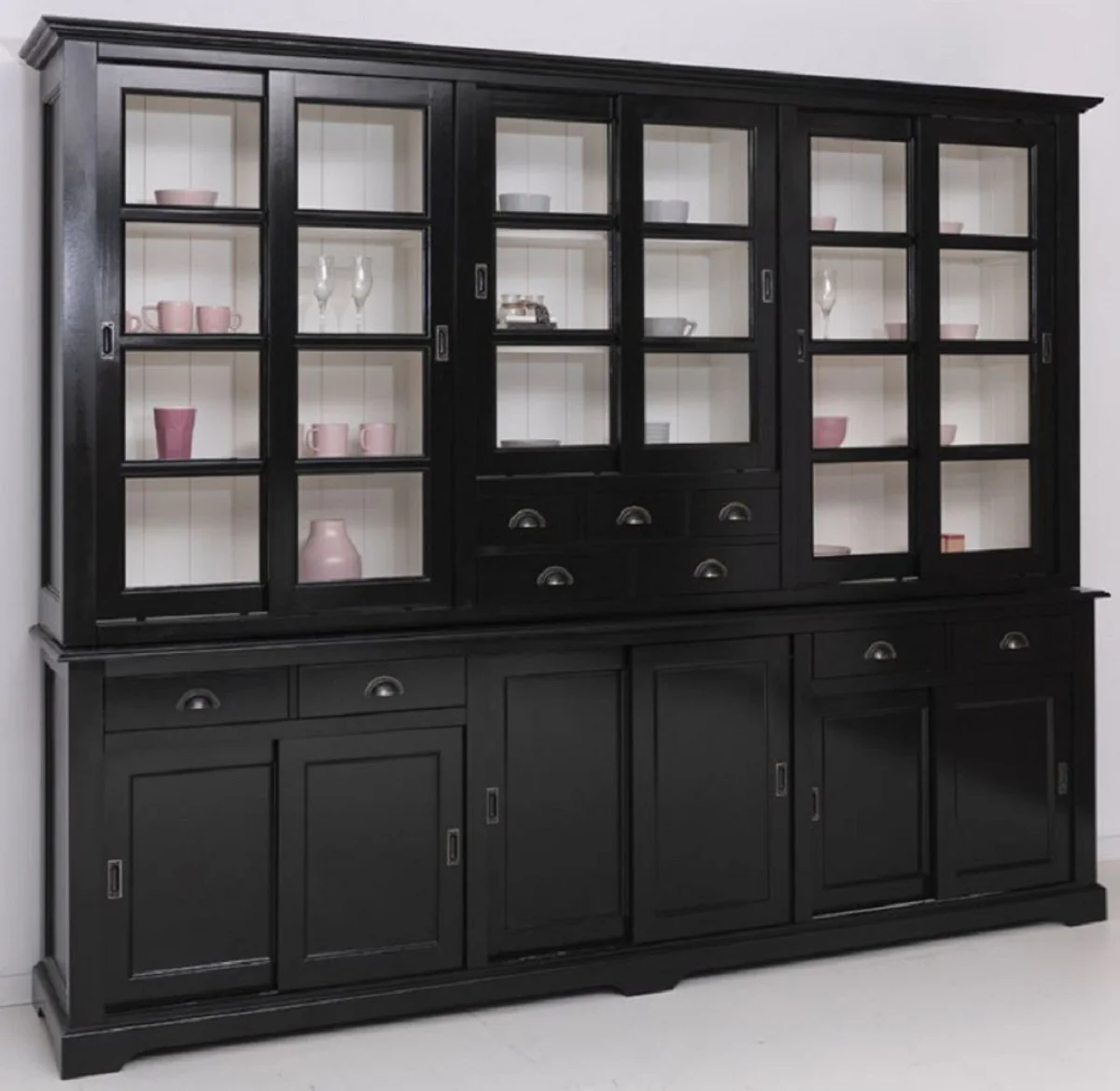 Country house style dining room cabinet black / white 280 x 55 x H. 225 cm - solid wood kitchen cabinet - dining room furniture in country house style - country house style dining room furnishings