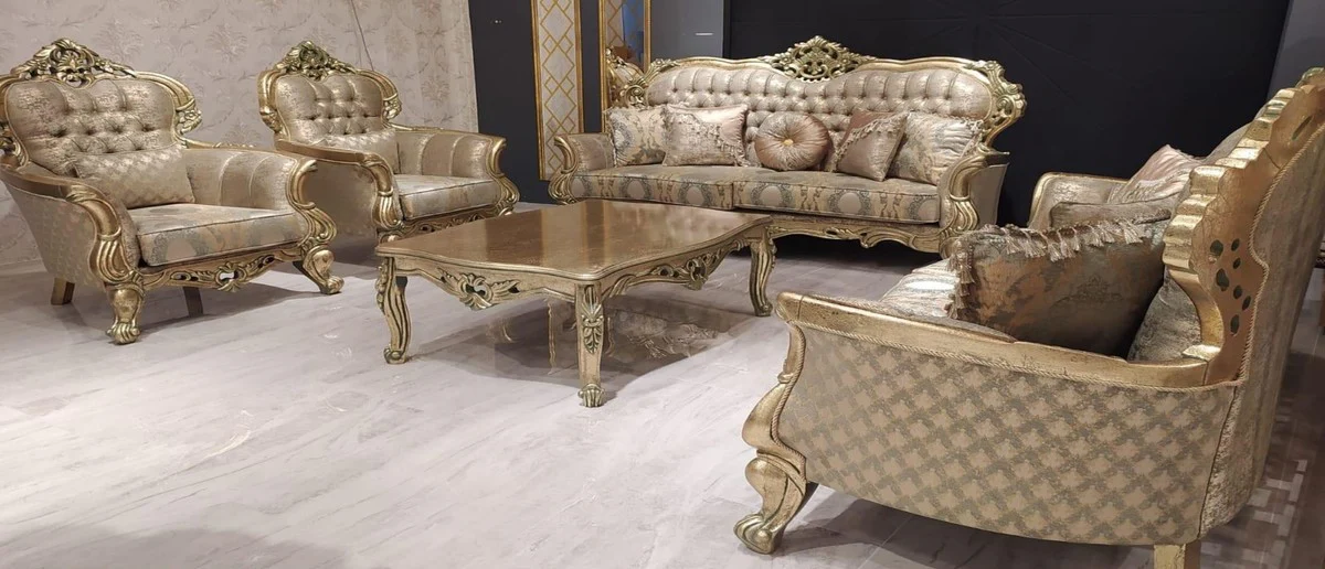 Luxury Baroque Living Room Set Gold / Green / Gold - 2 Baroque Sofas with Pattern & 2 Baroque Armchairs with Pattern & 1 Baroque Coffee Table - Baroque Living Room Furniture