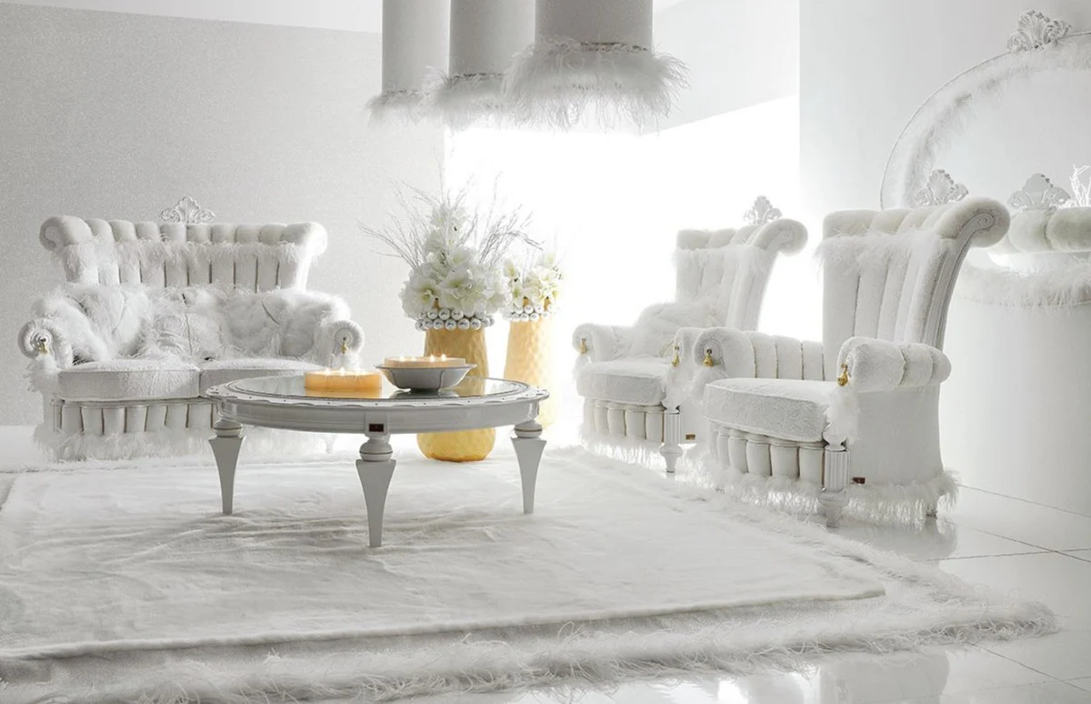 Luxury Baroque Sofa White / Gold - Magnificent Living Room Sofa in Baroque Style - Baroque Living Room Furniture - Baroque Castle Furniture - First Class Quality - Made in Italy