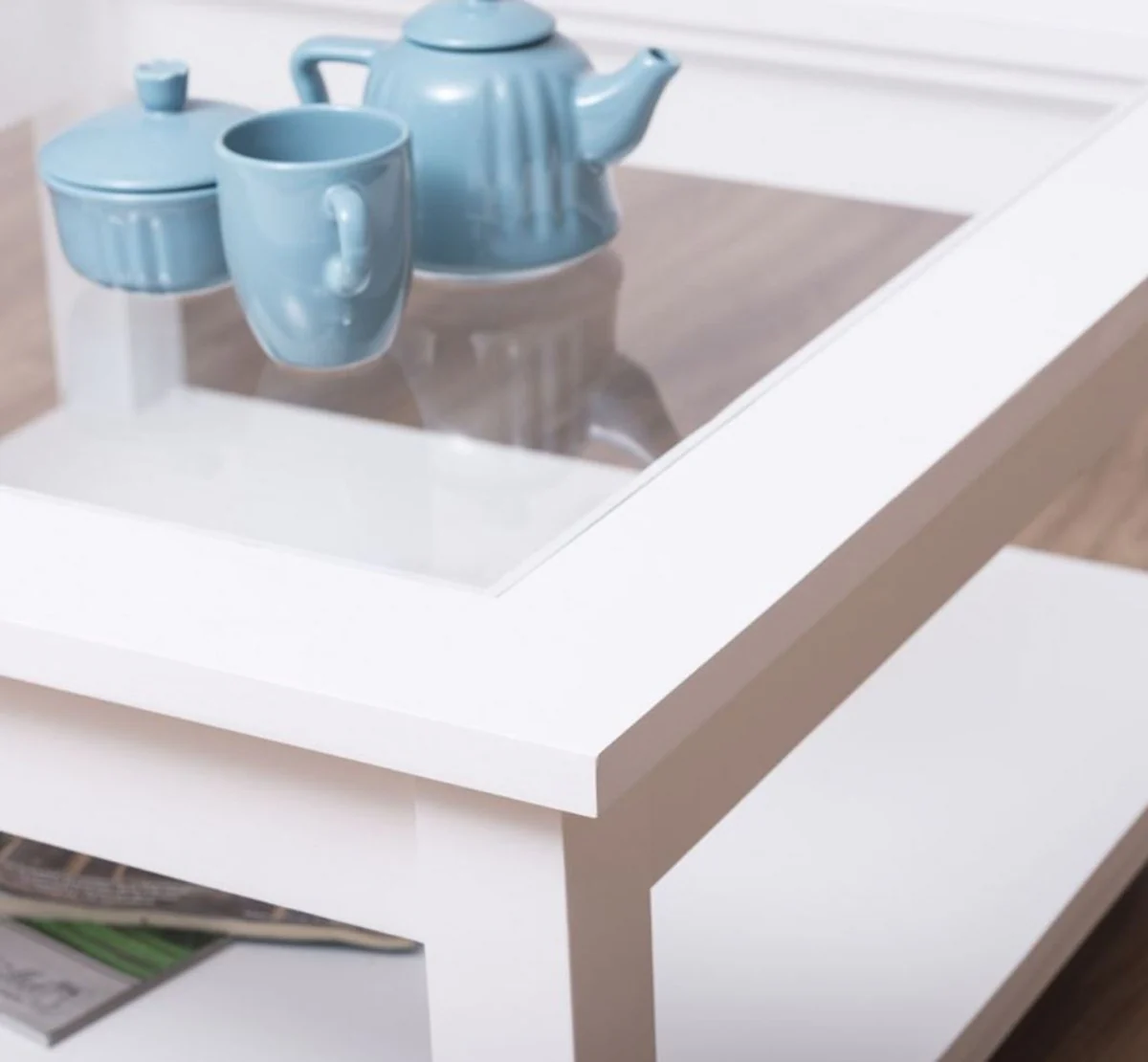 Country house style coffee table with glass top white 90 x 90 x H. 45 cm - solid wood living room table - living room furniture in country house style