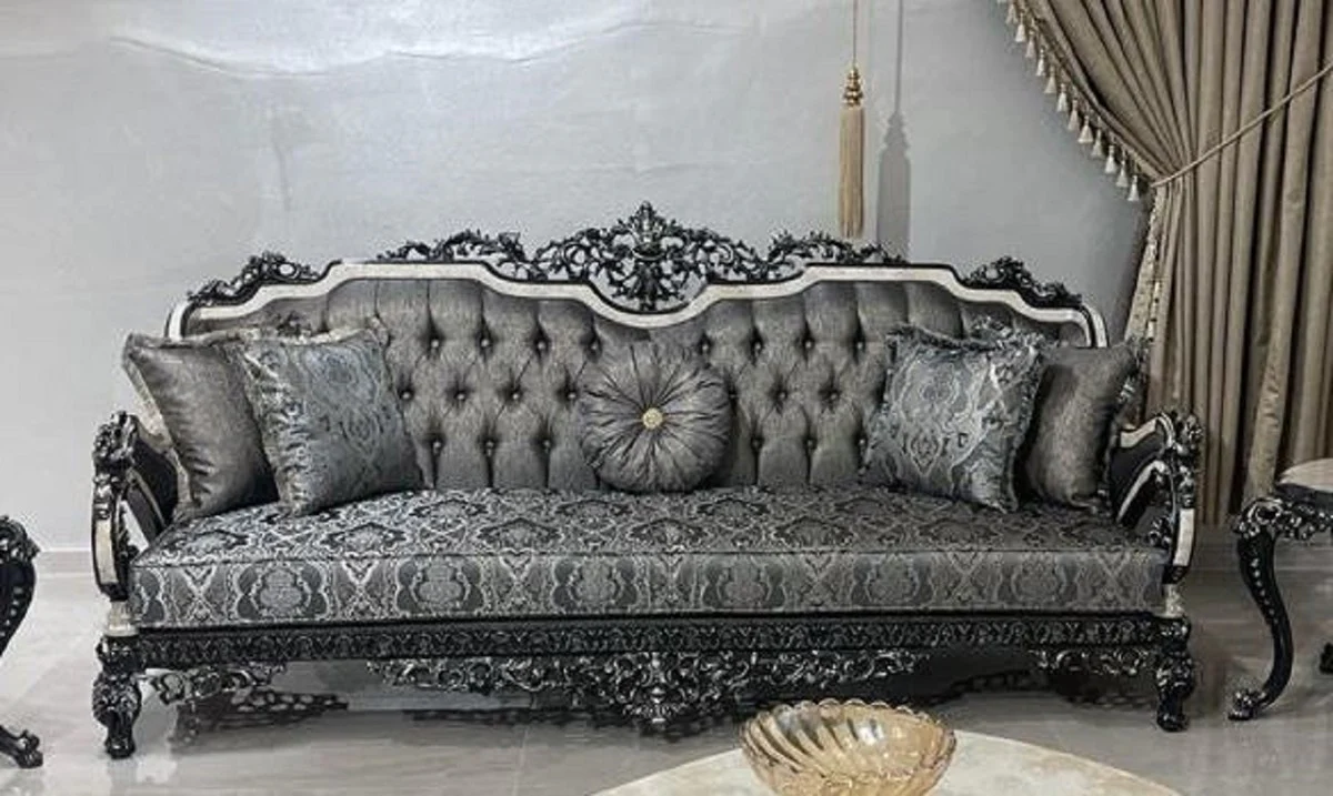 Luxury Baroque Living Room Set Silver / White / Black / Gold - 2 Baroque Sofas & 2 Baroque Armchairs & 1 Baroque Coffee Table - Luxury Living Room Furniture in Baroque Style - Baroque Furniture