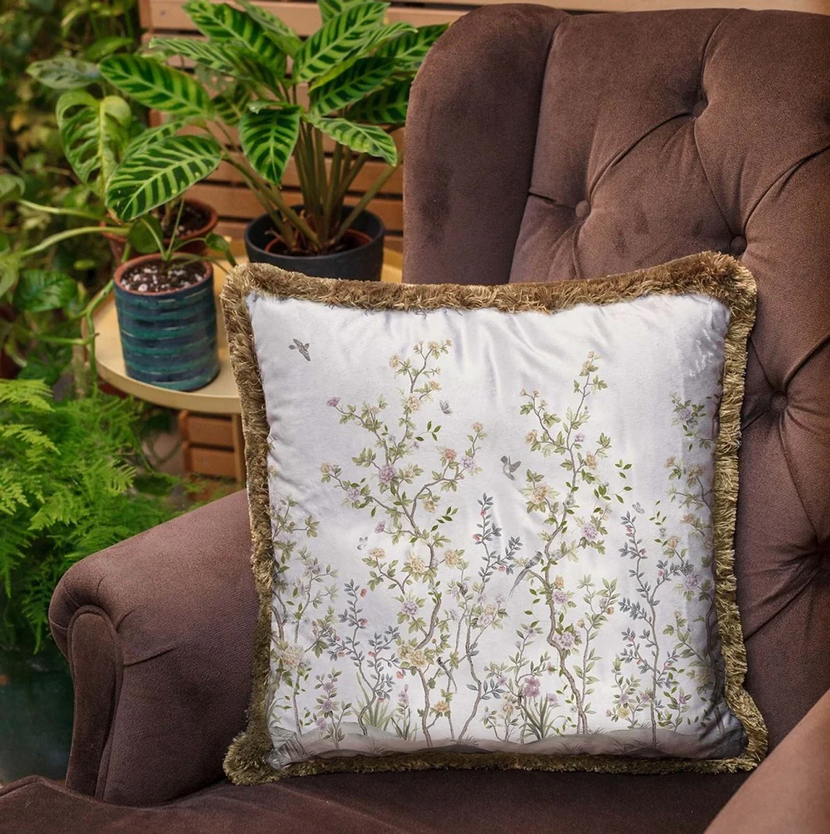 Luxury decorative cushion bushes with flowers & birds white / multicolored / brown 45 x 45 cm - printed velvet cushion with fringes - luxury decorative accessories