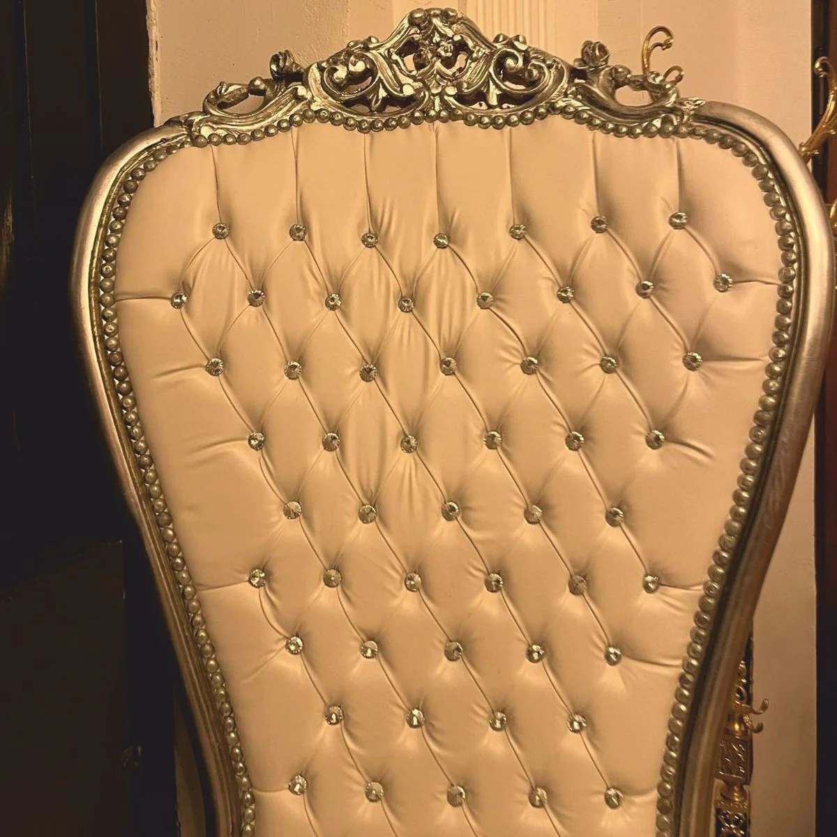 Baroque throne armchair with faux leather and rhinestones white / silver - Baroque furniture
