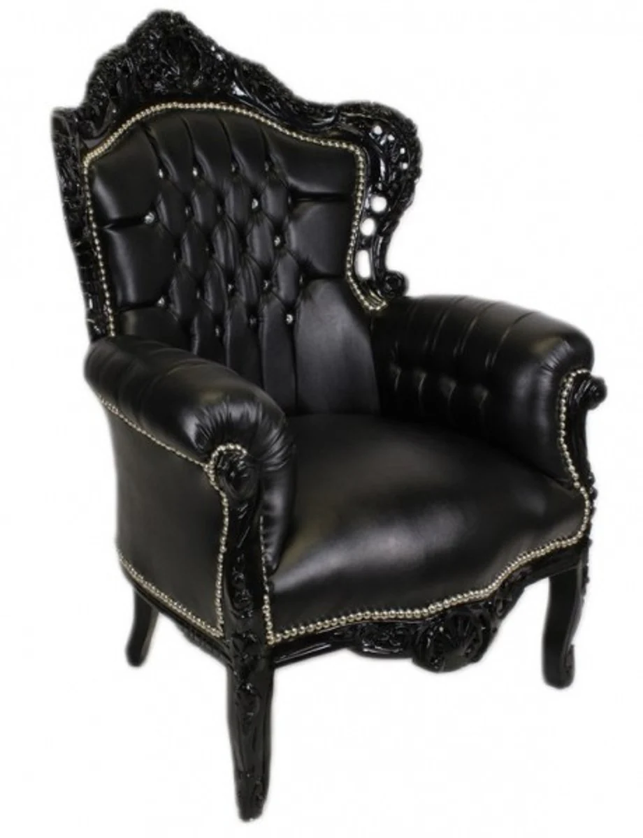 Baroque armchair King black/black leather look with bling bling rhinestones