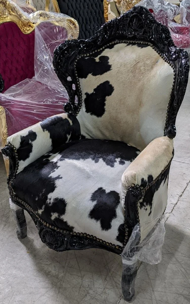 Baroque armchair cowhide / black - handmade solid wood living room armchair - antique style living room armchair - living room furniture in baroque style - baroque furniture