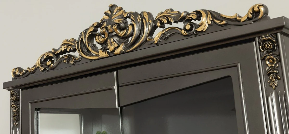 Luxury baroque living room display cabinet gray / gold 130 x 55 x H. 210 cm - Magnificent baroque display cabinet with 2 glass doors - Noble baroque furniture