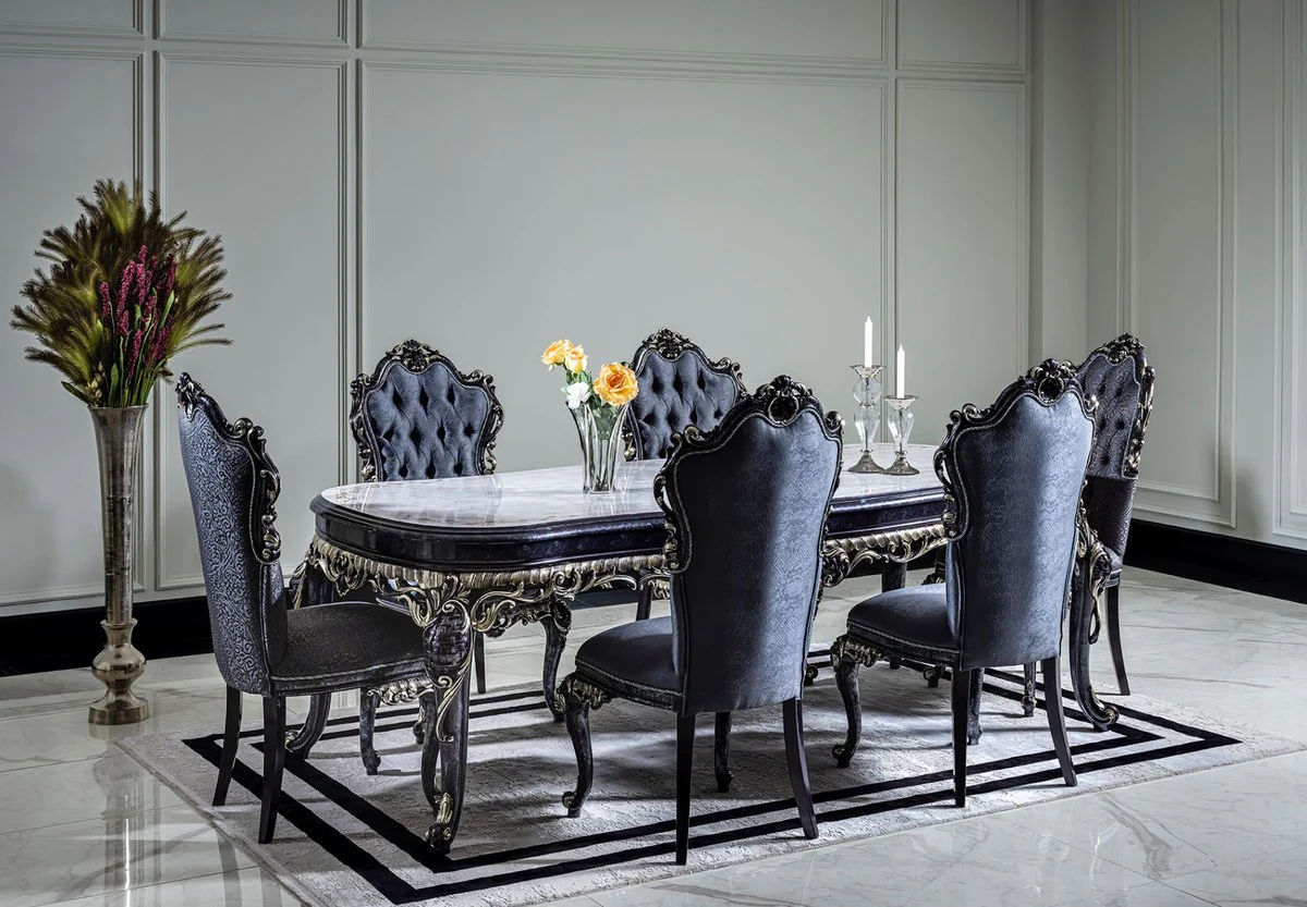 Luxury Baroque Dining Room Set White / Blue / Gold - 1 Dining Table & 6 Dining Chairs - Baroque Dining Room Furniture - Noble & Magnificent