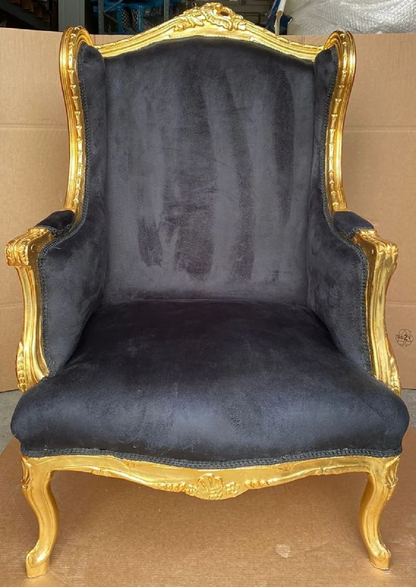 Baroque Wing Chair Black / Gold - Handmade Antique Style Living Room Armchair - Antique Style Furniture - Baroque Living Room Furniture