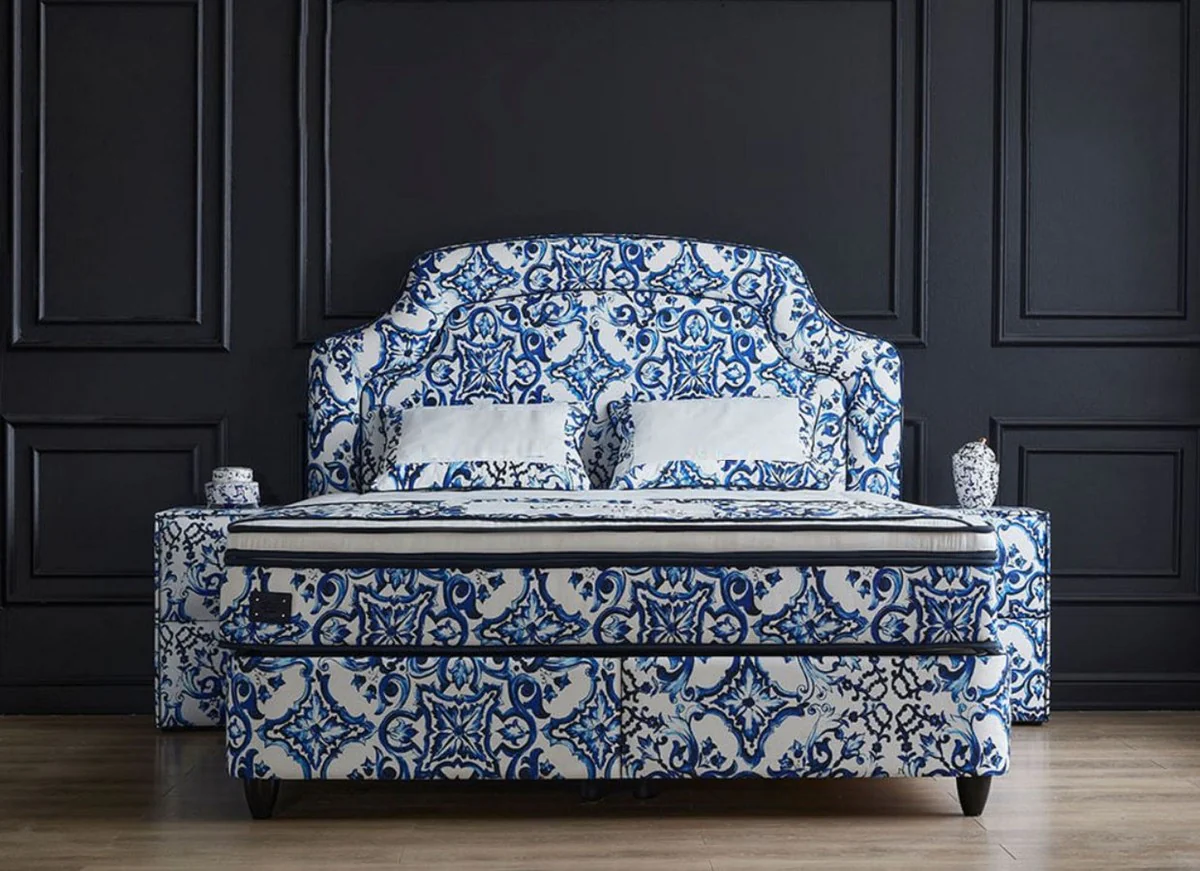 Luxury Art Deco Double Bed White / Blue / Black - Various Sizes