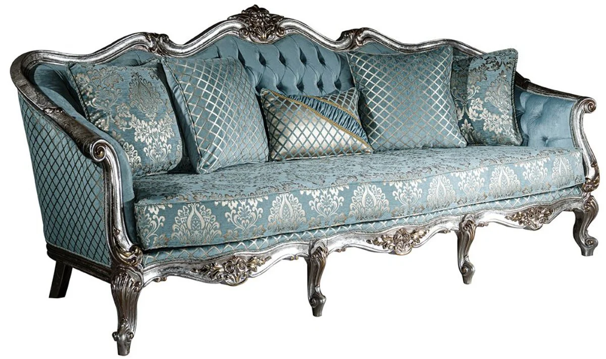 Luxury baroque sofa light blue / silver / gold 238 x 85 x H. 106 cm - living room sofa with elegant pattern and decorative pillows - baroque living room furniture