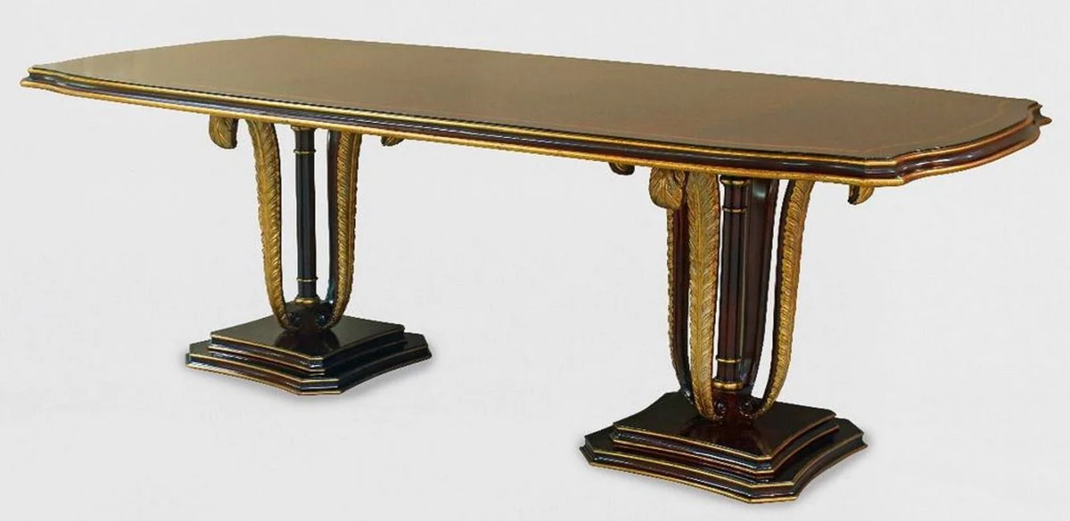 Luxury baroque dining table brown / gold 240 x 110 x H. 78 cm - Elegant solid wood kitchen table with decorative hand-carved feathers - Dining room furniture in the baroque style