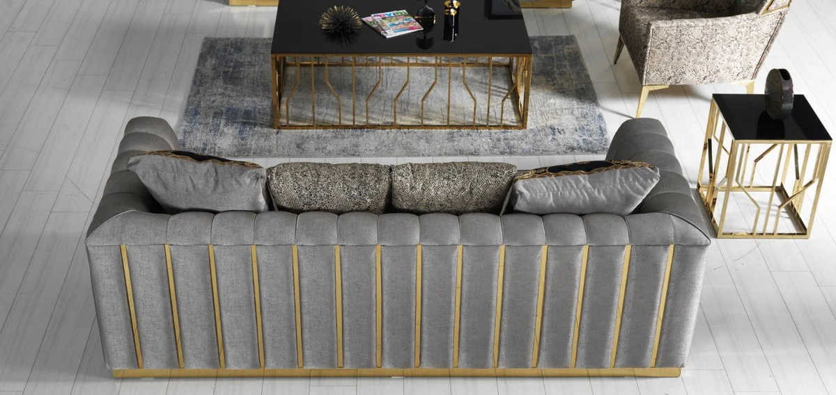 Luxury living room sofa with decorative pillows gray / gold 240 x 92 x H. 78 cm - Luxury living room furniture