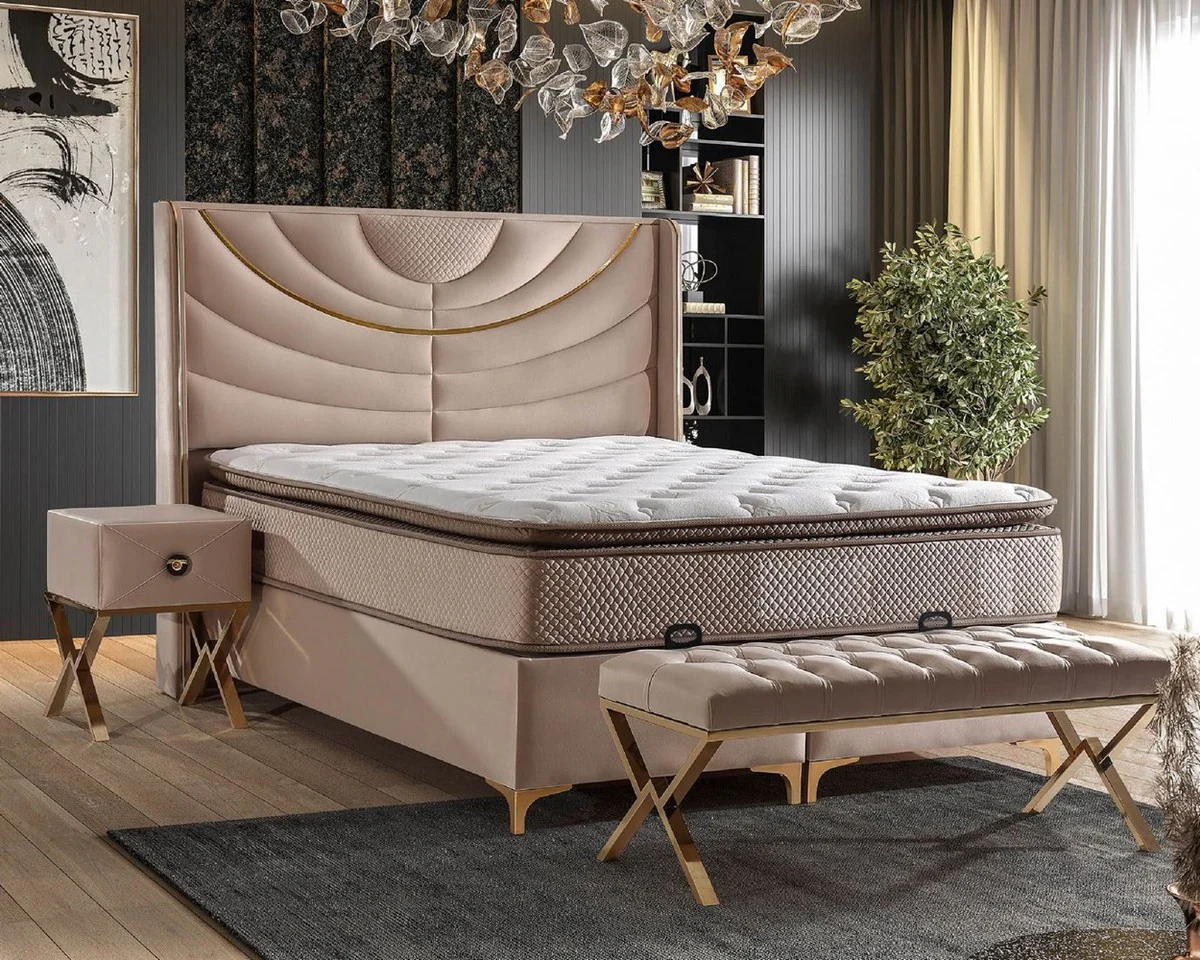 Luxury double bed beige / gold - Various sizes - Solid wood bed with headboard and mattress - Bedroom furniture - Hotel furniture - Luxury furniture