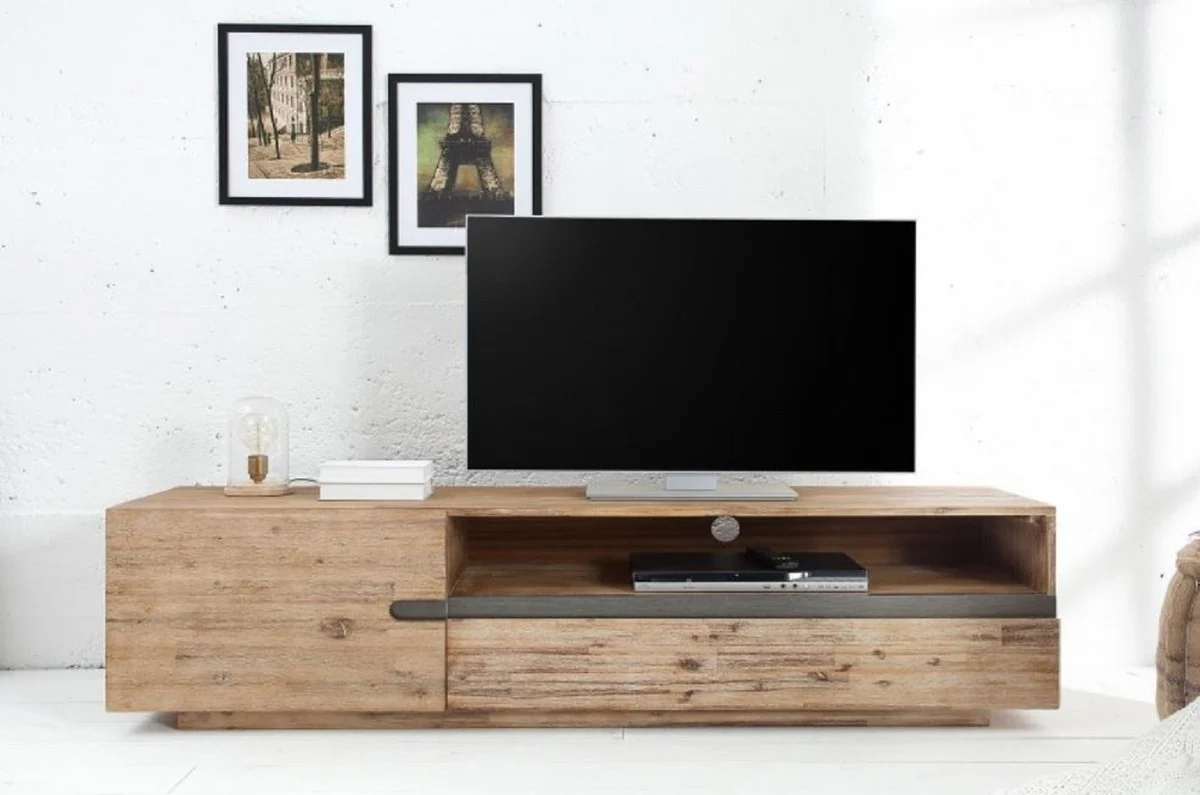 Designer TV cabinet with door and drawer natural color / teak gray 170 x 42 x H. 46 cm - sideboard - handmade from solid wood!
