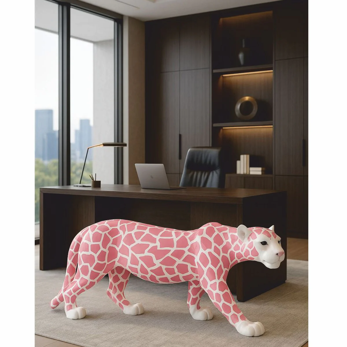 Decorative sculpture panther white / pink 160 x H. 72 cm - decorative figure