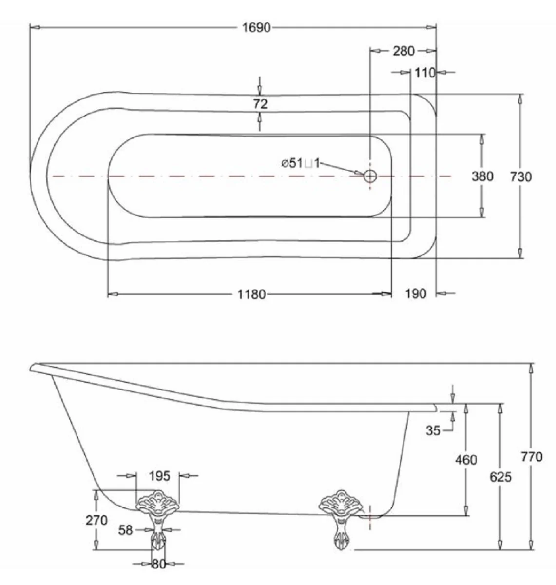 Luxury Art Nouveau bathtub white / white 169 x 73 x H. 77 cm - Freestanding retro acrylic bathtub - Nostalgic retro bathroom furniture