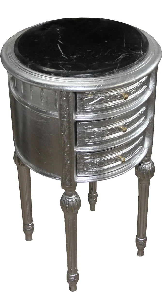 Baroque chest of drawers / side table silver with black marble top height 72 cm, diameter 41 cm - bedside table console