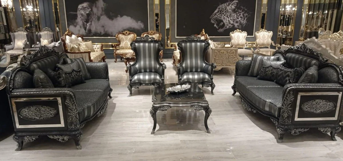 Luxury Baroque Sofa Silver / Gray / Black / Silver - Magnificent Living Room Sofa - Baroque Living Room Furniture - Noble & Magnificent