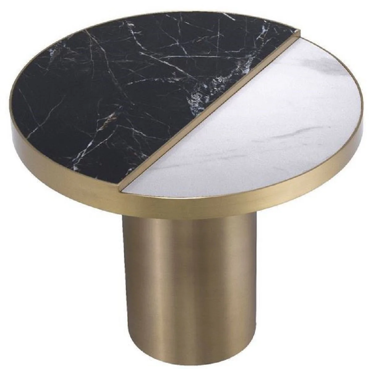 Luxury side table black / white / brass Ø 55 x H. 55.5 cm - Round stainless steel table with 2 semicircular ceramic plates - Living room furniture - Luxury furniture