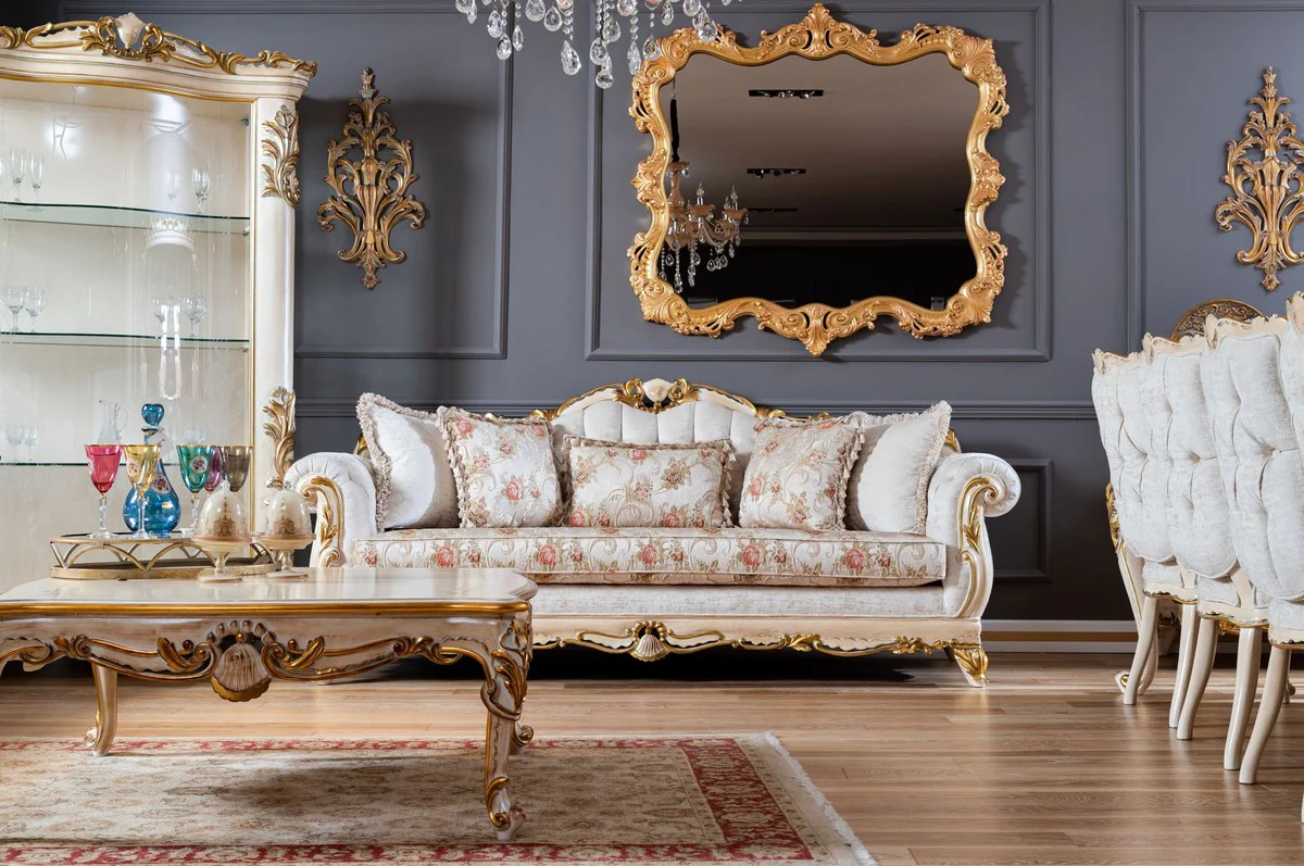 Luxury baroque sofa white / beige / gold - magnificent living room sofa with floral pattern - baroque living room furniture