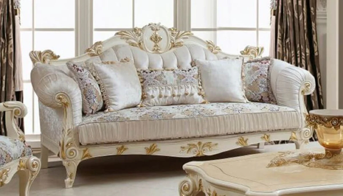 Luxury Baroque Living Room Set White / Brown / Multicolored / Cream / Gold - 2 Baroque Sofas & 2 Baroque Armchairs & 1 Baroque Coffee Table - Luxury Living Room Furniture in Baroque Style - Baroque Furniture