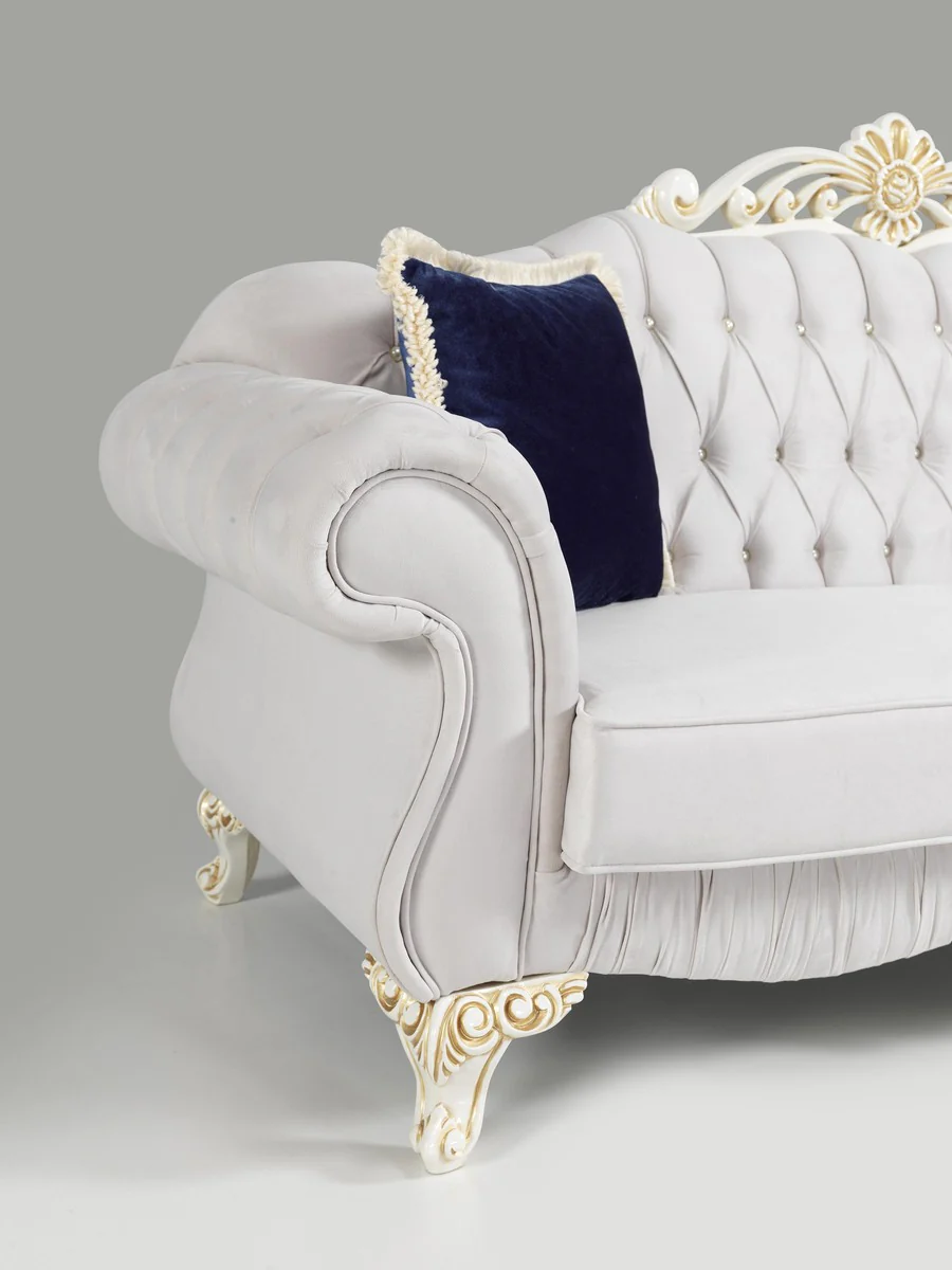 Baroque sofa light gray / white / gold 235 x 85 x H. 112 cm - Noble living room sofa with glittering stones - Baroque furniture