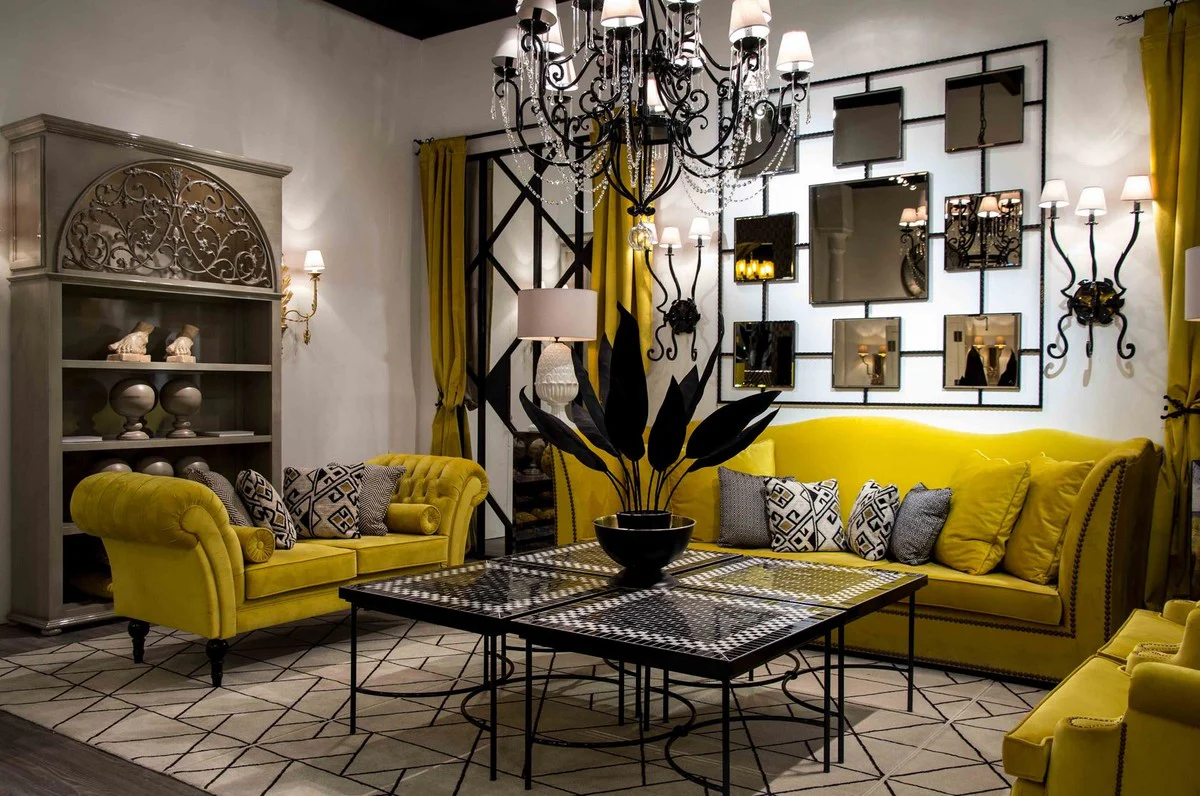 Luxury Art Nouveau coffee table black / white 80 x 80 x H. 45 cm - handmade wrought iron table with ceramic tiles table top - living room garden patio table furniture