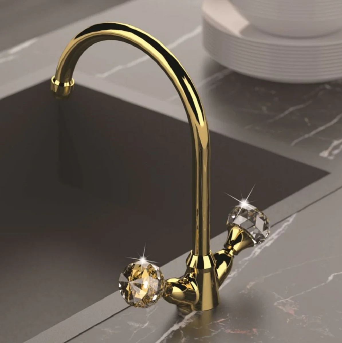 Luxury washbasin fitting with Swarovski crystal glass gold H. 30 cm - single hole mixer with waste set - luxury bathroom accessories - Made in Italy